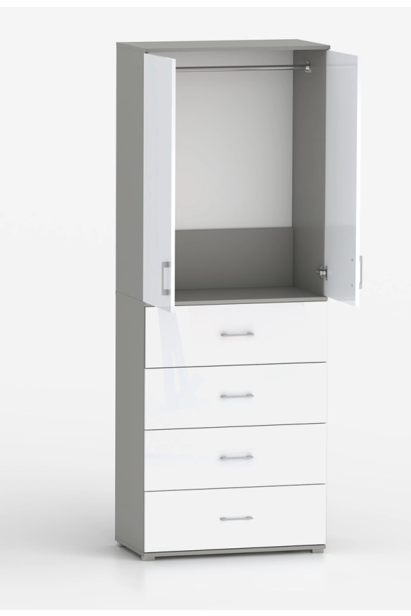 Szafa na ubrania z drążkiem Pola 215 - 4 szuflady 60 / 70 / 80 cm szara z  frontami w połysku